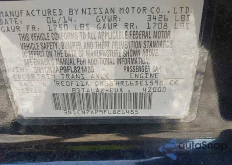 2015 Nissan Versa S/S Plus/Sv/Sl z USA, uszkodzony, nr VIN 3N1CN7AP9FL821485